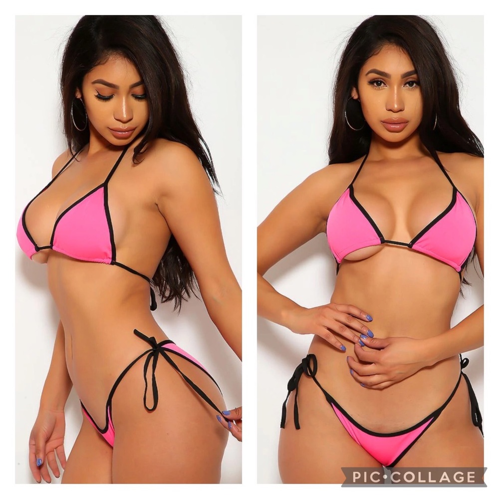 NEW! 2 Piece Sexy Pink & Black Halter Tie Fashion Swimsuit Bikini